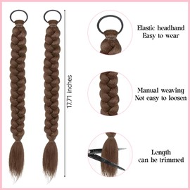 Braided Ponytail Hair Extensions Clip-in 2Pcs Set with Hair Ties - Soft Synthetic Hairpieces for Women, Natural Look Wrap Around Extensions for Daily Wear, 16 Inch Light Brown