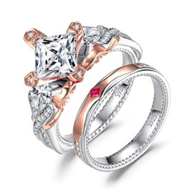 JewelryPalace Women's Cubic Zirconia Ring, Engagement Ring, 925 Sterling Silver, Rose Gold, Wedding Ring, Wedding Ring, Band Ring Set, Women's Jewellery with Stone, Gemstone, Cubic Zirconia Ruby