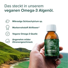edubily nutrition® Omega 3 vegan aus Ahiflower® Öl, Algenöl und Leinsamenöl - Vegane DHA- und ALA-Quelle - 3,33 g Omega-3 pro Tagesdosis - Zitronenaroma - 150 ml