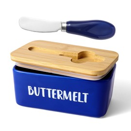 ButterMelt Butter Dish with Lid, Large Butter Dishes for Countertop, Ceramics Butter Holder with 304 Stainless Steel Knife, Kitchen Food Container 6.3 x 3.5 x 2.7 inches, Blue