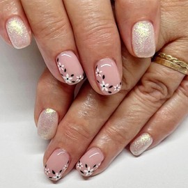 Glitter Short Press on Nails Square Nails Cute Fake Nails Acrylic Flower False Nails Glossy Full Cover Stick on Nails Spring Floral Artificial Nails Natural Fit Nail Art Kit 24Pcs/Box for Women Girls