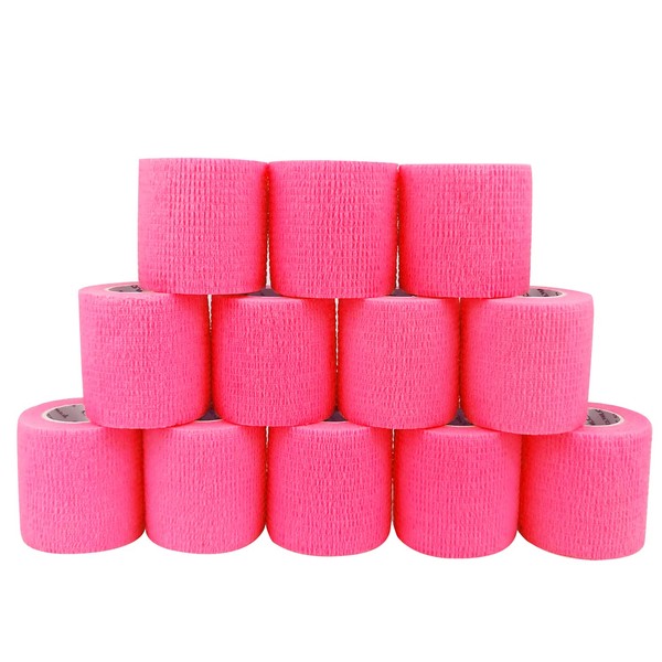 COMOmed Self Adherent Cohesive Bandage 2"x5 Yards First Aid Bandages Stretch Sport Athletic Wrap Vet Tape for Wrist Ankle Sprain and Swelling,Hot Pink(12 Rolls)