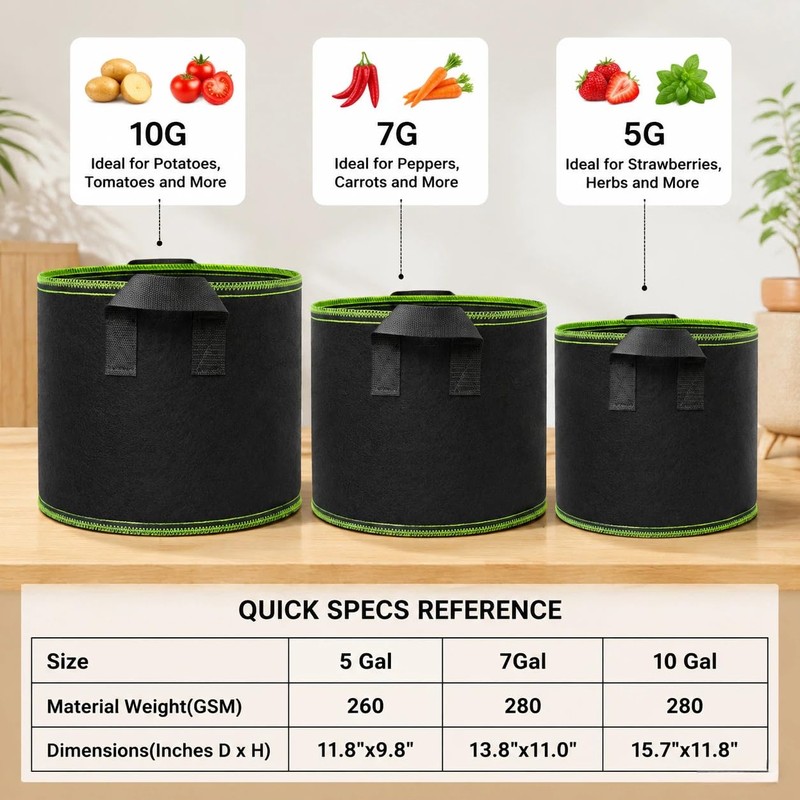 10 Gallon Grow Bags, Heavy Duty Fabric Pots with Handles