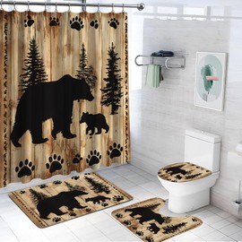 4 Pcs Rustic Cabin Shower Curtain for Bathroom Farmhouse Woodland Nursery Bear Shower Curtain Set with Non-Slip Rugs, Toilet Lid Cover and Bath Mat Forest Wildlife Curtains Toilet Home Decorations