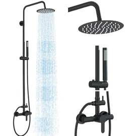 Shower System Matte Black Outdoor Shower Fixtures with 8" Rain Shower Head Handheld Sprayer Single Handle 304 Stainless Steel Wall Mounted Shower Shower Faucet Combo for Bathroom or Backyard