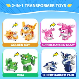 Super Wings 2" Transform-a-Bot 4-Pack, Supercharged Paul, Dizzy, Golden Boy, Mira, Airplane Toys Mini Action Figures, Preschool Toys for 3 4 5 Year Old Kids, Birthday Gifts for Kids