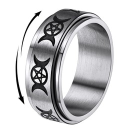 Stainless Steel Triple Moon Spinner Band Ring for Men Celtic Moonlit Pentagon Fidget Rotatable Anxiety Ring Size 10 Worry Stress Relief Engagement Rings Jewelry Gift for Him