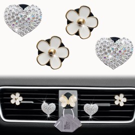 Bling Heart & Flower Air Vent Clips, 4 Pcs White Daisy Car Air Fresheners Vents Clips Car Diffuser Diamond Car Interior Decor Cute Car Accessories Car Decoration for Women + Butterfly Mask Hook