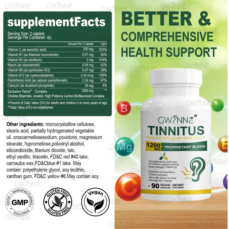 Gwynne 1200mg Alivio Zumbido Oídos Suplemento Vitamina Complejo Clínicamente Probado