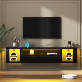 sogesfurniture 55'' Floating TV Stand Wall Mounted with Lights, Floating Entertainment Center with Lights, Modern Media Console with Storage, Wall Mounted LED TV Stand for Living Room, Black