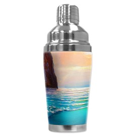 Mugzie 16 Ounce Stainless Steel Cocktail Shaker - Martini Shaker with Wetsuit Cover - Cliffside Sunrise