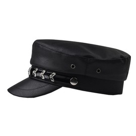 Women Yacht Captain Sailor Hat PU Newsboy Cabbie Baker Boy Peaked Beret Cap Black with Metal