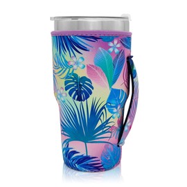 Funda reutilizable de neopreno para taza de café helado, con asa, ideal para vasos de 30 a 32 onzas, botellas de batido de proteínas (solo fundas de taza) (palma tropical)