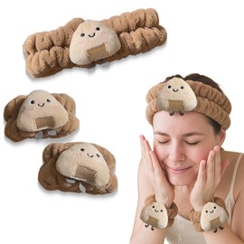 NJCXOLA Spa Stirnband zum Waschen Gesicht Wristband Set， mit 2 Handgelenkband Schwamm weiches Frottee Make-up Hautpflege Anti-Rutsch-Stirnband für Damen -Braun