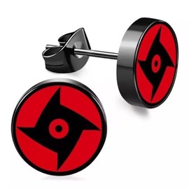CHICNET Stainless Steel Stud Earrings Black 8 mm Red Purple Sharingan Eye Rinnegan Anime Manga Ear Jewellery Surgical Steel Unisex Men Women Men, Stainless Steel