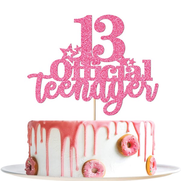 Trelsan - 13 adornos oficiales para tartas para adolescentes, decoraciones para fiestas de cumpleaños número 13 - Adornos para tartas con purpurina para niños o niñas (rosa)