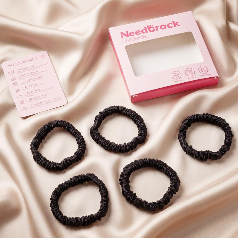 Needbrock Mulberry Silk Hair Ties, Thin Black Scrunchies for Women