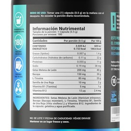 Clear Blend de 180 cápsulas. Nootropico con ingredientes naturales: Hongo Melena de León, Bacopa, L-Tirosina, Vitamina B1, Semilla de Uva Roja y Vitam