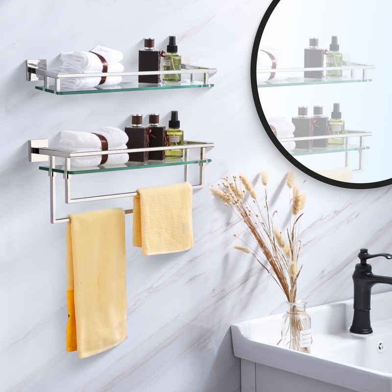 LANC Chrome Bathroom Shelf Glass Shelves 20-Inch Floating Tempered Glass