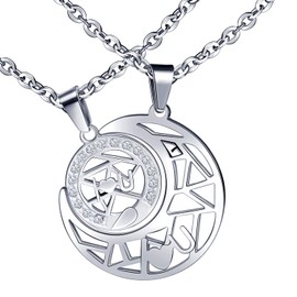 Feilok Couple in Love Stainless Steel Necklace Moon and Sun Shape with I Love You Friendship Chain Partner Pendant Partner Necklaces Gift, Stainless Steel