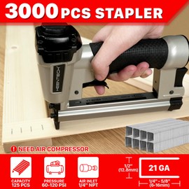 KEENTECH Pneumatic Staple Gun 21 Gauge, Air Upholstery Stapler with 3000pcs 1/2" Crown Staples 1/4"-5/8", Ready-to-Use Pneumatic Nail Gun Tool Set with Safety Trigger for Wood Furniture Fabric Leather