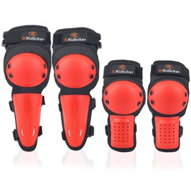 RIDBIKER Motocross Elbow Knee Shin Guard Pads for Kids Youth Dirt Bike Gear Adjustable Motorcycle Knee Protection Gear Armor Set for Skating, Cycling (Red)