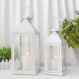 JHY DESIGN Set of 2 Cream Decorative Lanterns 17.5inch&13.5inch Metal Candle Lanterns for Indoor Outdoor Events Paritie and Weddings Vintage Style Hanging Lantern