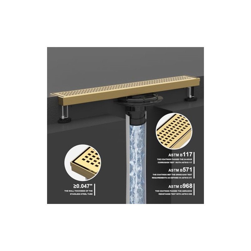 28 Inch Brushed Gold Linear Shower Drain with Adjustable Feet