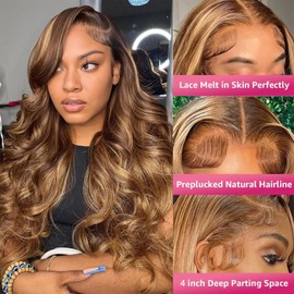 Bele Highlight Lace Front Wigs Human Hair 24 inch 180 Density Ombre 4/27 Body Wave 13x4 HD Lace Front Wigs for Women Pre Plucked with Baby Hair Honey Blonde Wig