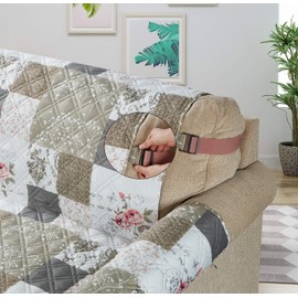 Brilliant Sunshine Rose and Toile Patchwork Couch Cover, Quilted Large Sofa Slipcover, 70" Seat Width, Slip Resistant Furniture Protector, 2" Strap, Washable Couch Cover for Pets, Kids, Dogs,Rose Grey