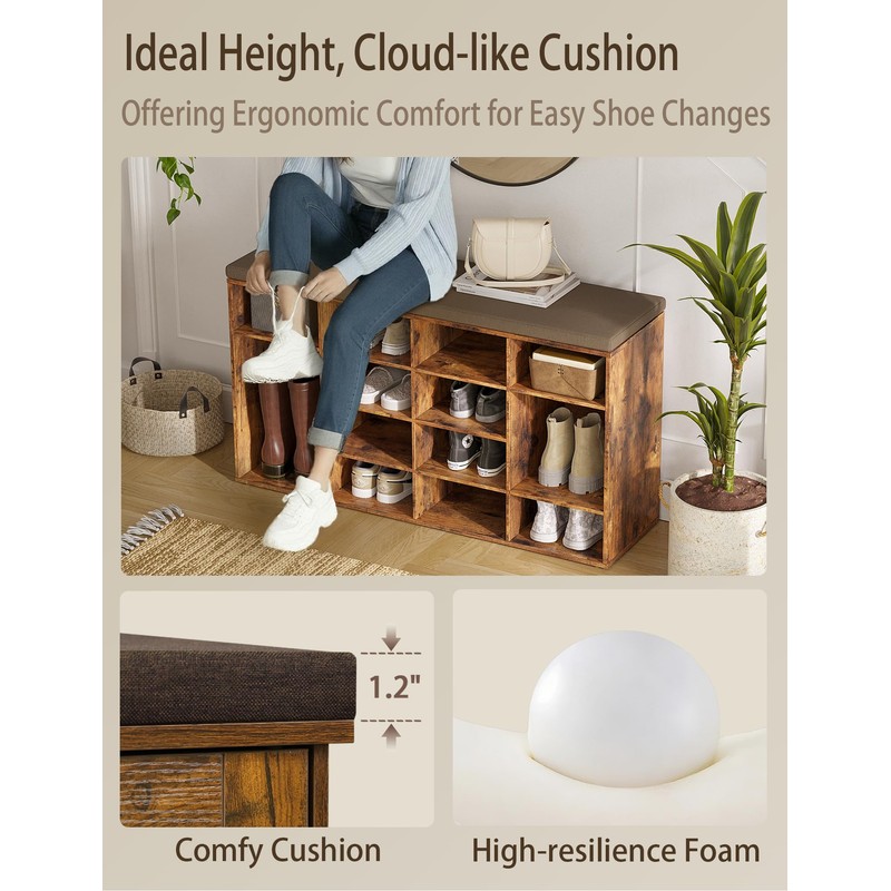 DINZI LVJ Shoe Storage Bench with Cushion, 14-Cubby Shoe Rack,