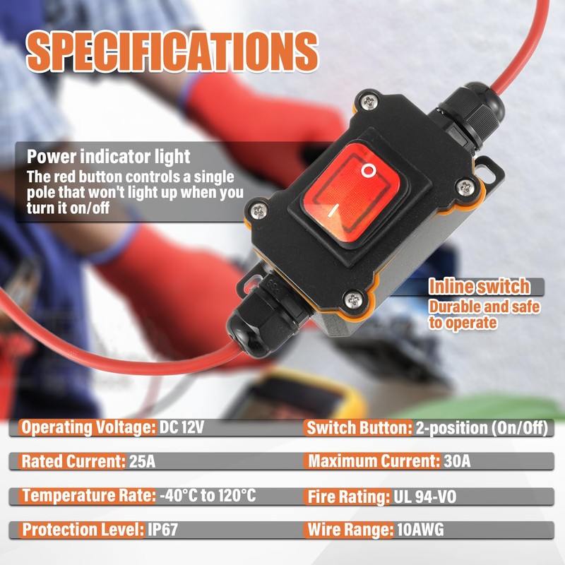 JAMHER DC 12V-24V Waterproof Inline Switch IP65 DPST Dual Side