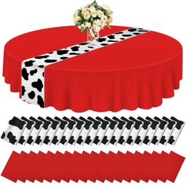 Oudain 20 Pcs Cow Table Runner 12 x 108'' and Red Round Tablecloth 84" Set Waterproof Satin Print Table Runner Disposable Plastic Table Covers for Wedding Birthday Party Baby Shower Decor