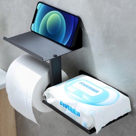 Matte Black Toilet Paper Holder with Double Phone Shelf, Adhesive or Screw Wall Mount Silver Toilet Tissue Roll Holder, Rustproof & 304 Stainless Steel Bathroom Storage Dispenser