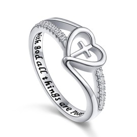 DAOCHONG S925 Sterling Silver Christian Cross Heart Inspirational Faith Bible Verse Ring for Women Teen Jewelry