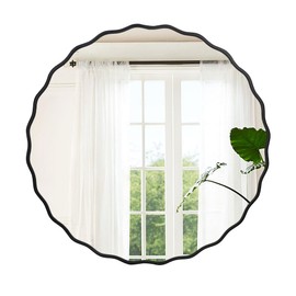 Black Bathroom Mirror for Wall, 24 Inch Round Wavy Mirror with Wood Frame for Bathroom Bedroom Living Room or Entryway(24")