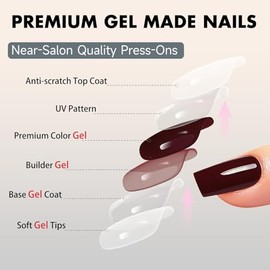 SXVME Uñas postizas cuadradas largas en rojo burdeos con pegamento para mujer, uñas postizas naturales y sencillas, uñas postizas medianas, uñas de ge