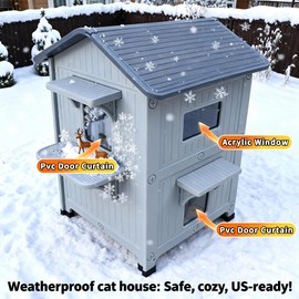 Weatherproof Outdoor Insulated Cat House for Feral Multi Cat, 2 Storey Plastic Elevated Cat Shelter with Escape Door, Easy Assemble, Expansive Interior‌ Grey 34" D x 21" W x 21.5" H
