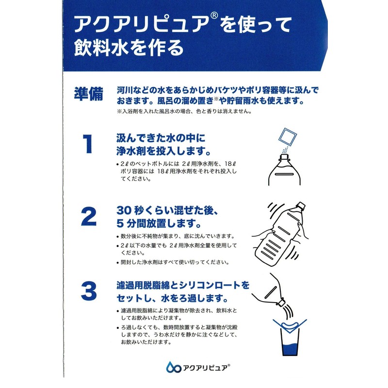アクアリピュア 220 浄水キット, 水220リットル分、川や池の水から簡単に安全に飲料水・生活用水を作れる浄水剤