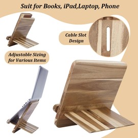 Peacoblue Acacia Wood Cookbook Stand - Adjustable 10x10 Recipe Holder with Tablet Slot & Non-Slip Base - Stylish Kitchen Counter Organizer for Cookbooks, Tablets, and Phones