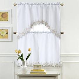 Marina Decoration Home Décor Privacy Drapery Light Filtering Rod Pocket Linen Look Lace Embroidered Kitchen Window Curtain Swag Valance and Tier Panel Set, Taupe White Floral