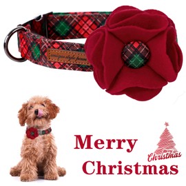 Unique style paws Dog Collar with Removable Felt Flower Tie Winter Christmas Plaid Pet Collar Girl Boy for Small Medium Large Dogs-Red&Green-L