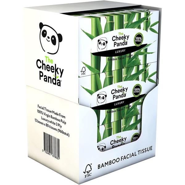 The Cheeky Panda 100% Plastic free Bamboo Facial Tissue Flat Box, Pack of 12, Total 960 Tissues