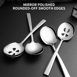 Keyoxy 4 Piece Stainless Steel Serving Spoons Set - 2 Large, 2 Slotted, 9.2-Inch, Dishwasher Safe, for Parties/Kitchen/Buffet/Catering