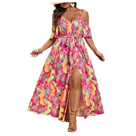 Floerns Women's Plus Size Cold Shoulder Short Sleeve Split Thigh Long Dress Rose Pink X-Large Plus