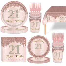 121Pcs 21st Birthday Party Supplies Rose Gold 21st Birthday Themed Disposable Tableware Plates Napkins Cups Forks Tablecloth Decorations Serves 24 Guests for Women 21 Years