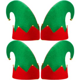SATINIOR 4 Packs Christmas Elf Hat With Jingle Bells - Felt Costume Hat for Santa's Helpers - Xmas Party Accessories