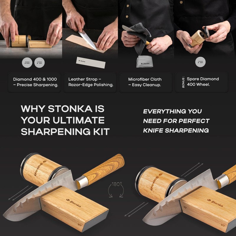 Stonka Oak Rolling Knife Sharpener Kit – Dual-Grit Diamond Wheels