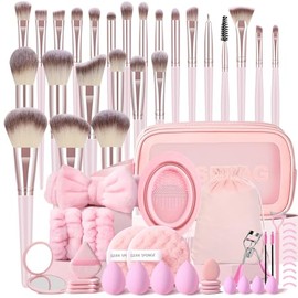 MZGGDM Juego de 64 brochas de maquillaje rosa con estuche, base profesional, correctores de polvo, sombra de ojos, contorno de rubor, kits de brochas 