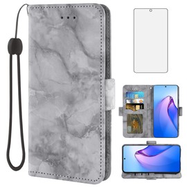 Asuwish Handyhülle für OPPO Reno 8 Pro 5G mit Displayschutzfolie aus gehärtetem Glas und Marmor, Brieftaschenabdeckung, Klappkartenhalter, Schlitz, Ständer, Leder, Ständer, Handyzubehör, Reno8 8Pro